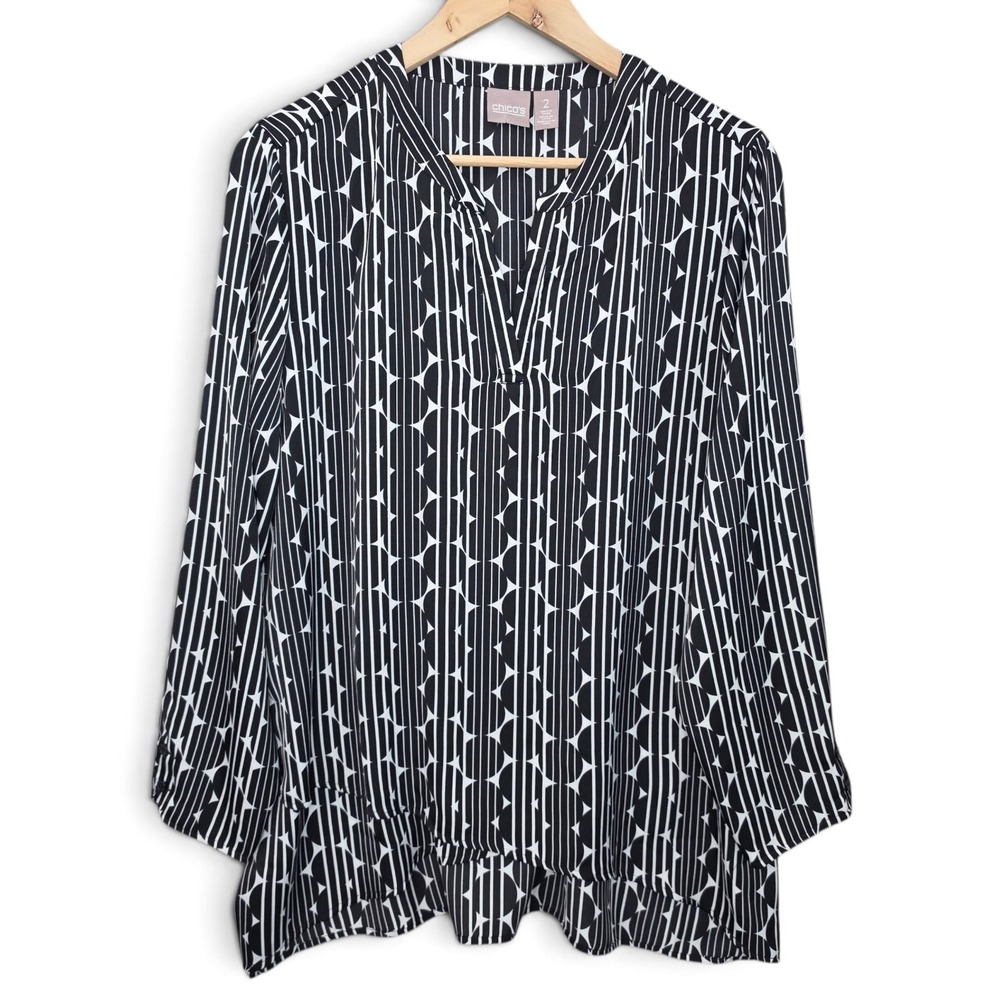 Chicos Top Womens 2 US Large Black Printed V Neck Long Sleeve Blouse Ladies